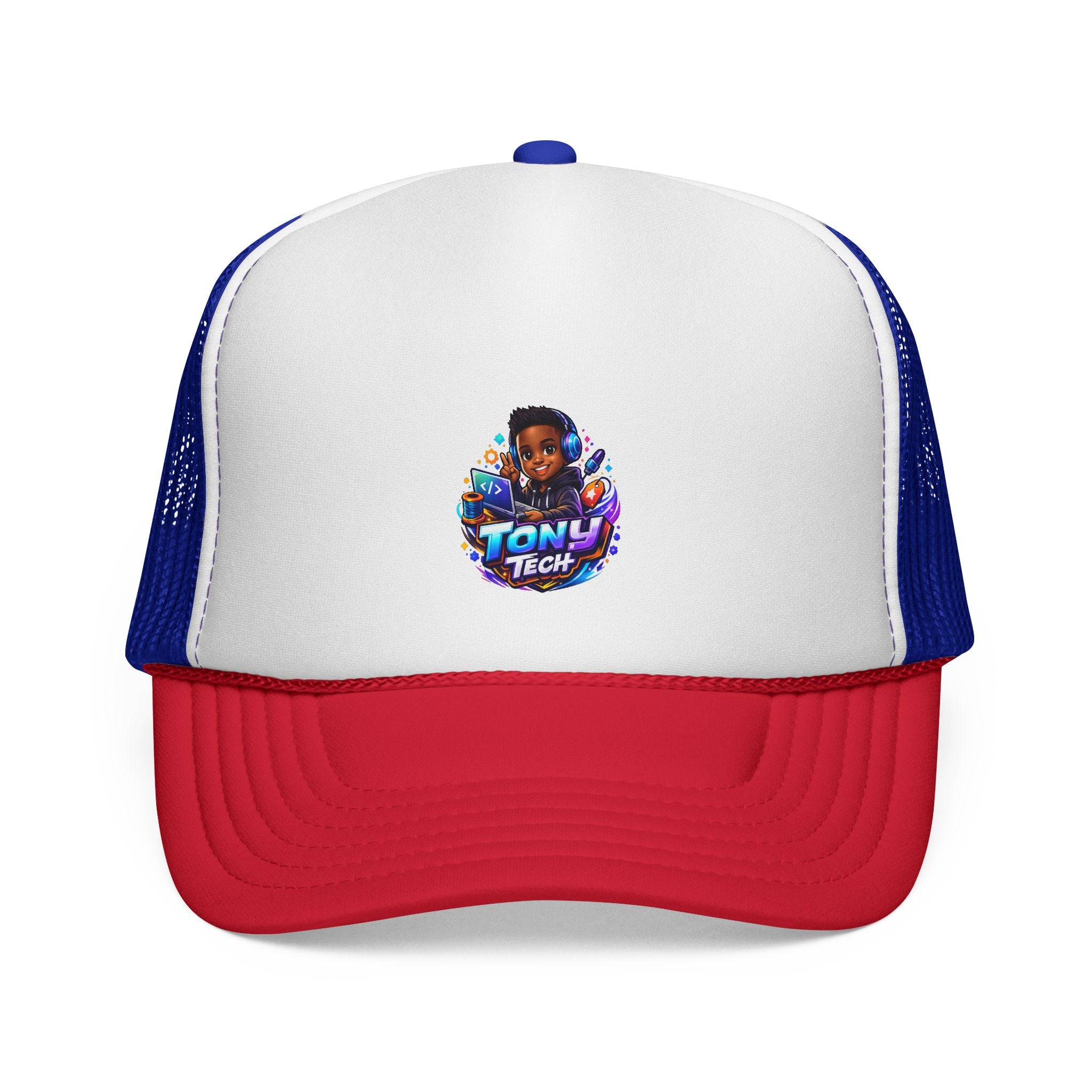 Trucker Cap — 'Tony Tech' Kid Gamer Logo Snapback, Red/White/Blue Mesh Hat