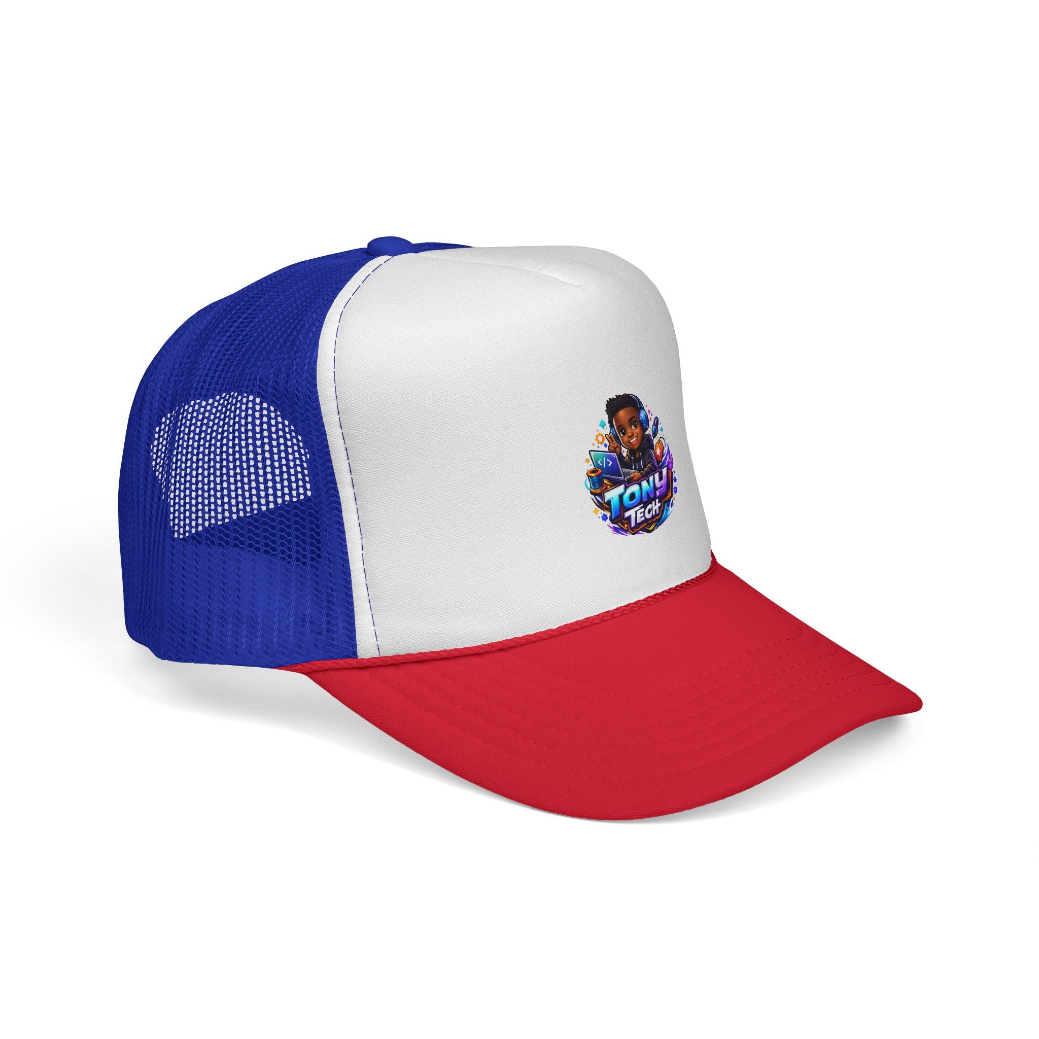 Trucker Cap — 'Tony Tech' Kid Gamer Logo Snapback, Red/White/Blue Mesh Hat