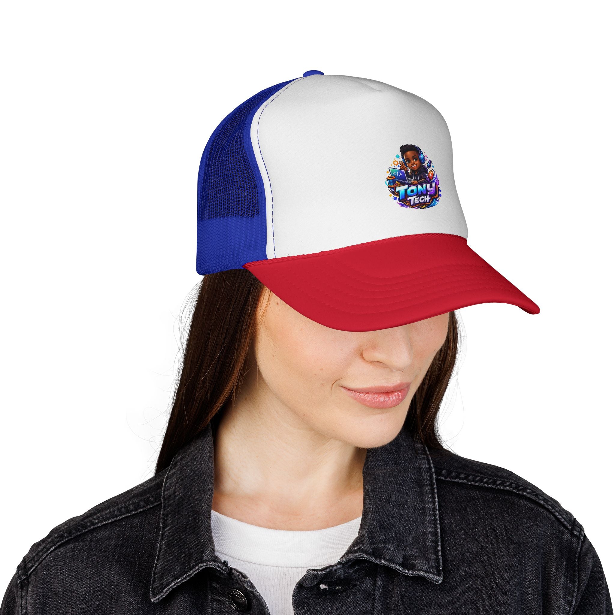 Trucker Cap — 'Tony Tech' Kid Gamer Logo Snapback, Red/White/Blue Mesh Hat